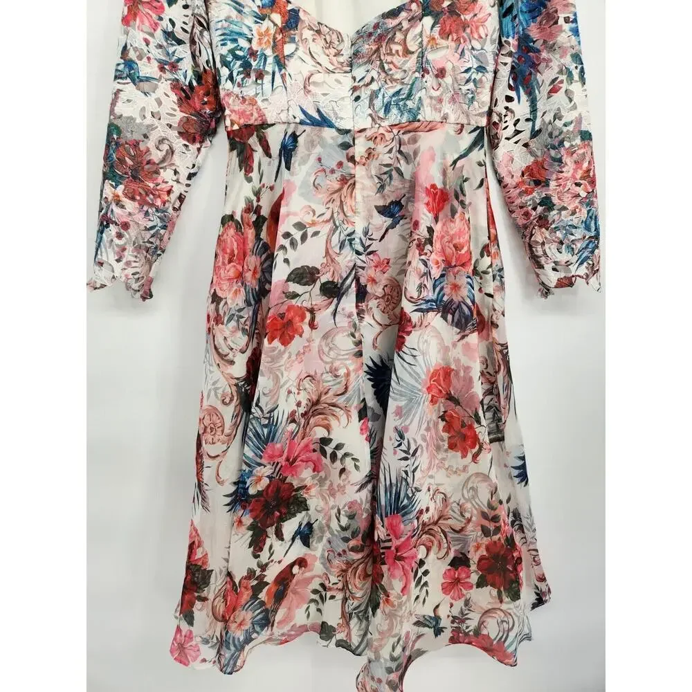 NWT Marchesa Notte Flared Floral Long-Sleeve Dress Size 8 #2N502 - Picture 7 of 14